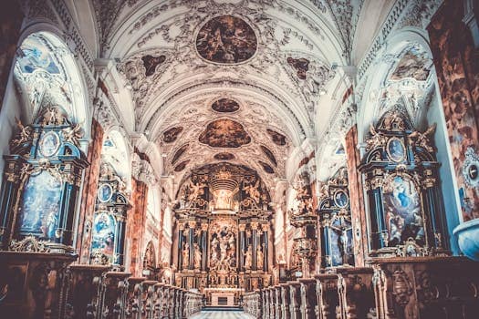 Explore the intricate, ornate baroque architecture inside a historic church, showcasing religious art and spirituality.